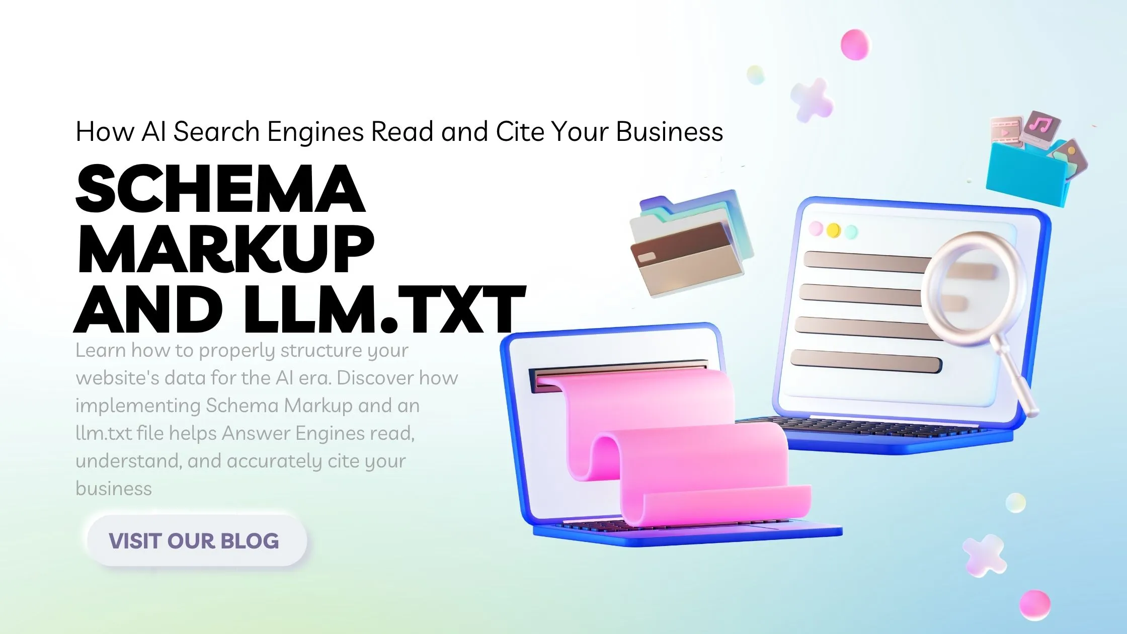 Schema Markup and llm.txt: How AI Search Engines Read and Cite Your Business 3D illustration of two laptops, one printing a document scroll and the other showing a magnifying glass over a search results list, representing schema markup and llm.txt files