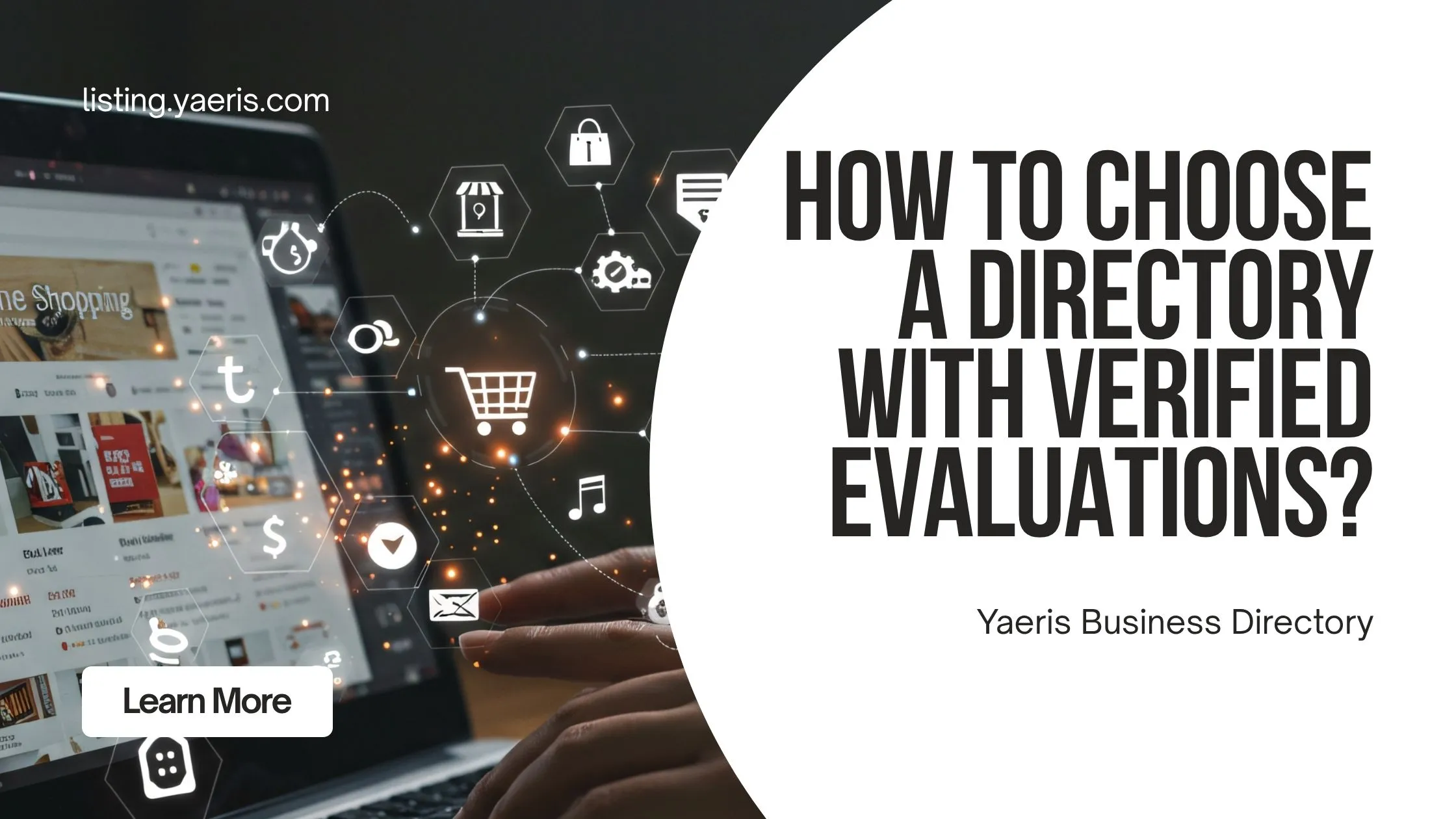 How to Choose a Directory with Verified Evaluations Person typing on a laptop showing an online marketplace page, surrounded by icons for shopping, security, and communication, with the Yaeris Directory wordmark.